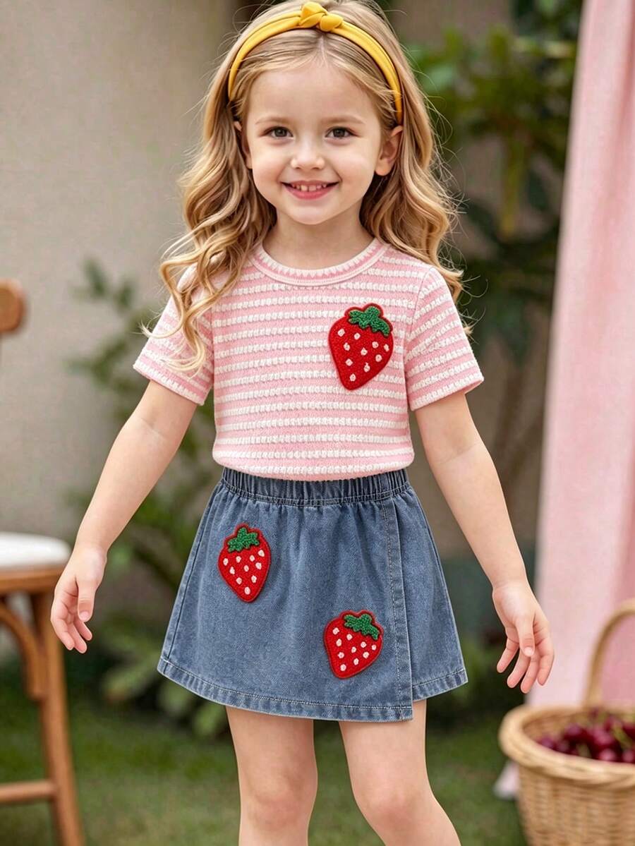 SHEIN Genkimix Kids Young Girl Light Pink Strawberry Decor Striped T-Shirt & Retro Blue Denim Shorts Skirt Set,Summer Short Sleeve Round Neck Outfit For Daily Vacation - Pink - View 1