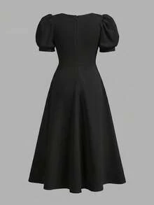 SHEIN Đầm dài tay cánh hoa xếp ly eo, cổ vuông, dành cho bé gái tuổi teen, màu đen. - màu đen - Xem 3