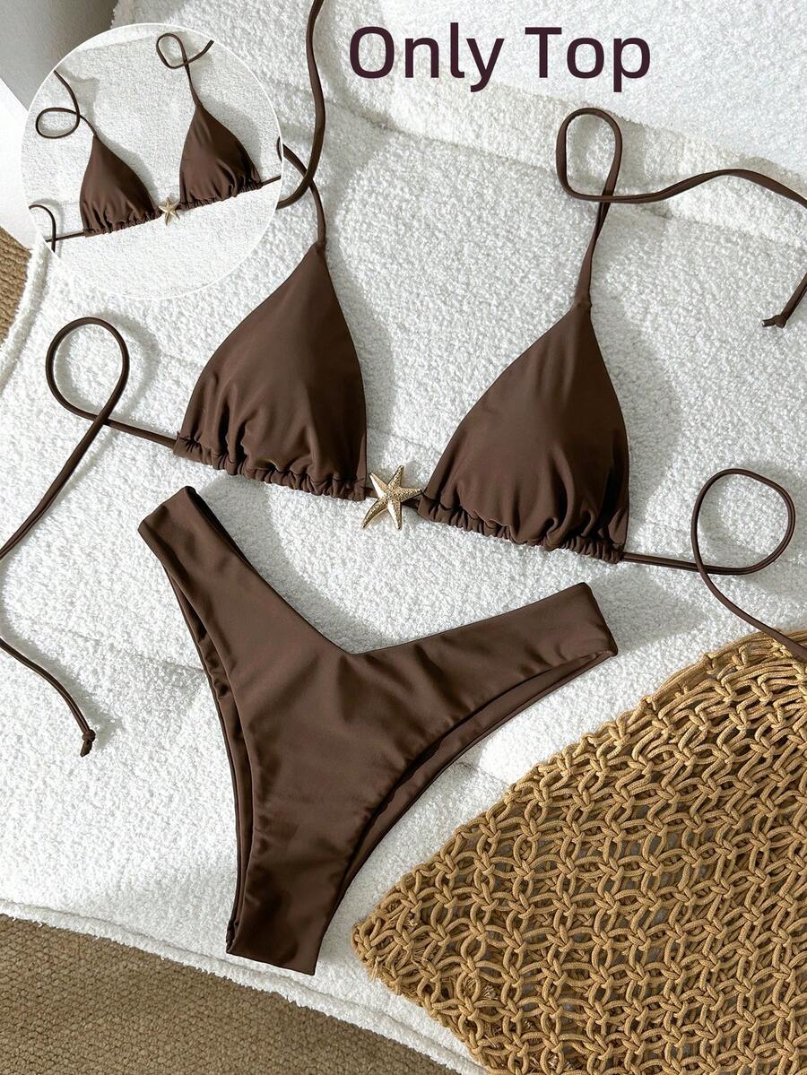 Swim Vcay Áo bikini dây buộc cổ màu trơn trang trí kim loại của Swim Chicsea-D dành cho nữ, thích hợp cho mùa xuân/hè. - màu nâu - Xem 1