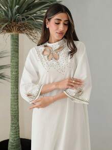 SHEIN Najma 女士优雅水钻镂空宽松阿拉伯风格连衣裙 - 白色 - 查看 1