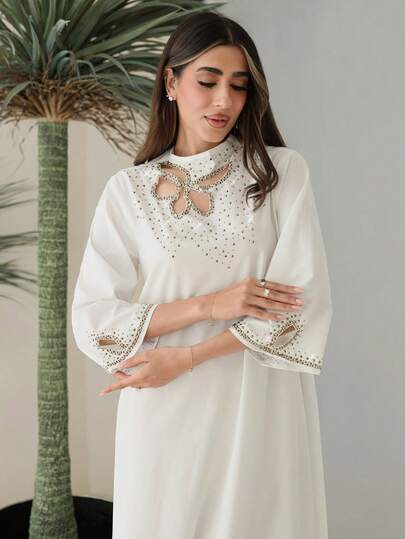 Al Najma Women's Elegant Rhinestone Hollow Out Loose Arabic Style Dress