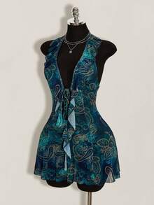 SHEIN ICON Đầm ngắn dự tiệc thường ngày dành cho nữ, cổ yếm, in họa tiết hạt điều, viền bèo nhún. - Nhiều màu - Xem 3