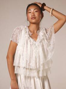 COSMINA Women's Elegant Lace V-Neck Loose Blouse, Versatile For Commuting, Office, Dating, Bohemian Vacation, Beach, Wedding, Spring/Summer - White - View 5