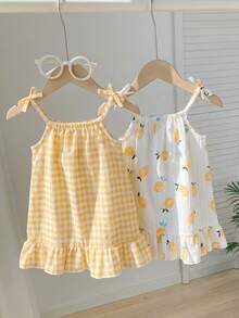 SHEIN Playful Pals 2件/套夏季女童洋裝，蝴蝶結肩帶純色與條紋洋裝套裝，適合日常休閒穿著，女童專屬洋裝 - 彩色 - 查看 9