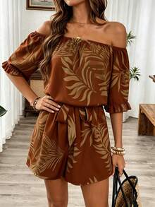 Breezaya Hawaiian Style Ruffled Off-Shoulder Romper - Multicolor - View 3