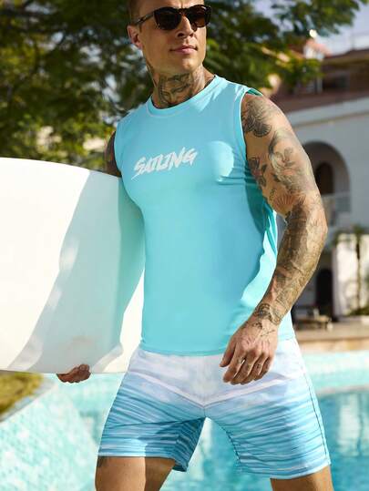 Surfspeed 2pcs Men Letter Printed Tank Top And Shorts Swimming Trunks Set,Hawaiian