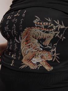 ROMWE J-Fashion Plus Size Women Tiger Print Ruched Off Shoulder Fashionable Blouse - Black - View 6
