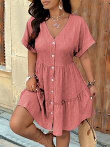 SHEIN Holidaya Plus Size V-Neck Textured Drop Shoulder A-Line Ruffle Hem Dress - Redwood - View 1