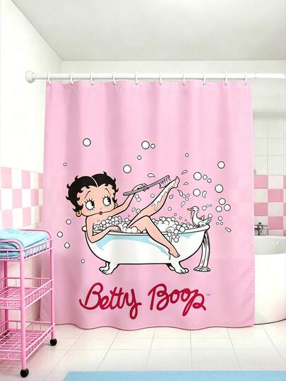 Betty Boop x SHEIN 1 styck, vattentätt duschdraperi med tecknat mönster, lämplig för badrumsavskiljare med krok, dekorativt badrumsdraperi för hushåll, universellt duschdraperi för alla årstider