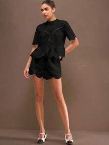SHEIN Unity Black Summer Elegant Tea Party Hollow Embroidered Lace Splice Ruffle Hem Shirt & Elastic Waist Ruffled Shorts Two Pieces Set,Vintage Academic Style - Black - View 4