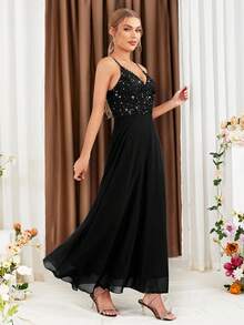 SHEIN Belle Váy phù dâu hai dây đính sequin và họa tiết chắp vá - màu đen - Xem 3