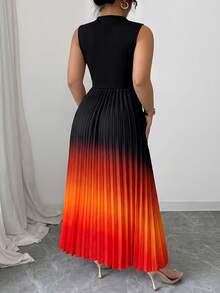 Elenzga Sleeveless High Neck Pleated Ombre Floral Print Plus Size Dress - Orange - View 2