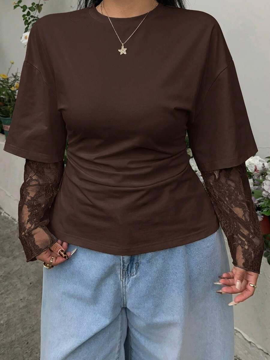 Muchica 大码女式撞色蕾丝荷叶边圆领T恤,休闲装 - 巧克力棕 - 查看 1