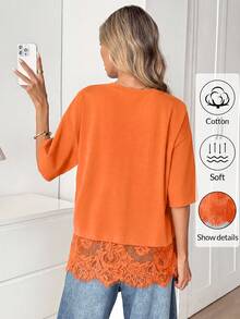 Easowa Black Short Sleeve Round Neck Lace Hem Loose T-Shirt For Women,Summer Top - Orange - View 5
