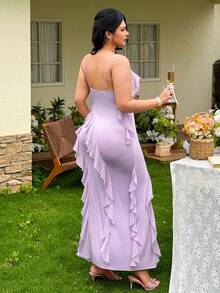 FleurLily Women's New Purple Ruffle Trim High Slit Sexy Backless Spaghetti Strap Dress - Purple - View 2