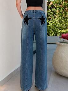 Bris Aura Jeans da ragazzo con vita bassa e rilassata, vita super bassa, gamba dritta, stile Y2K con motivo a stelle - Blu - Visualizzare 6