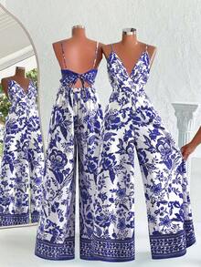 Sweetra Áo liền quần nữ cỡ lớn kiểu retro giản dị phong cách boho, họa tiết hoa nhiệt đới lãng mạn, dây mảnh, xếp ly phía trước, cổ buộc dây, ống rộng, thích hợp cho đi biển, nghỉ mát, mùa hè. - Màu tím - Xem 1