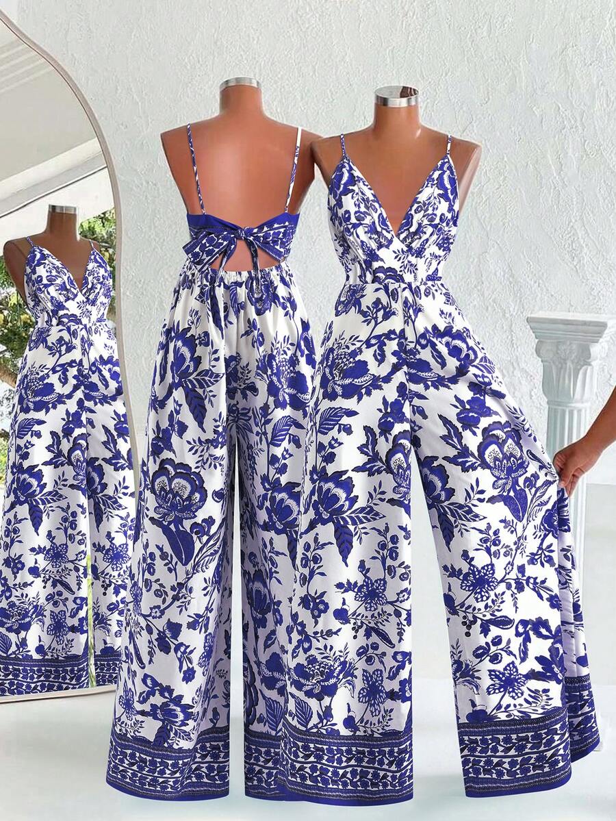 Sweetra Áo liền quần nữ cỡ lớn kiểu retro giản dị phong cách boho, họa tiết hoa nhiệt đới lãng mạn, dây mảnh, xếp ly phía trước, cổ buộc dây, ống rộng, thích hợp cho đi biển, nghỉ mát, mùa hè. - Màu tím - Xem 1