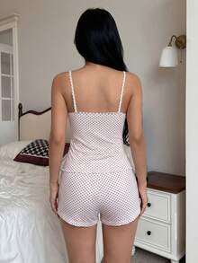 Napfluff Bộ đồ ngủ hai dây ôm sát in hình trái tim viền ren - Đỏ - Xem 2