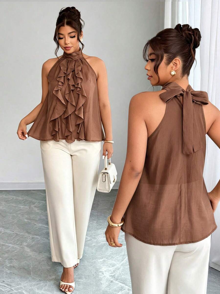 Elenzga Plus Size Women's Elegant Round Neck Ruffle Hem Blouse, Spring/Summer - Brown - View 1