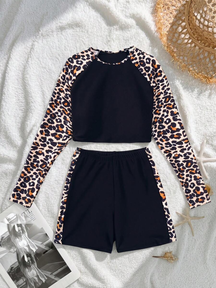 Tween Girl Raglan Sleeve Leopard Print Splice Tankini Swimsuit Set, Surfing Swimwear - Black - View 1