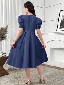 SHEIN 少女藏蓝色缎面羊腿袖A字型派对晚礼服 - 藏蓝色 - 查看 2