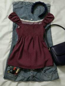 Blusa de cuello cuadrado con mangas de pétalo, cintura con lazo, lunares azul marino - Burdeos - Ver 2