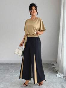 SHEIN Elenzya 2pcs/Set Batwing Sleeve Pants Suit, Fashionable Streetwear For Plus Size Women, Spring/Summer - Khaki - View 5