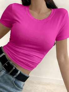 DAZY Women's Solid Color Casual Versatile Daily Wear Short Sleeve T-Shirt Summer - Hot Pink - View 3