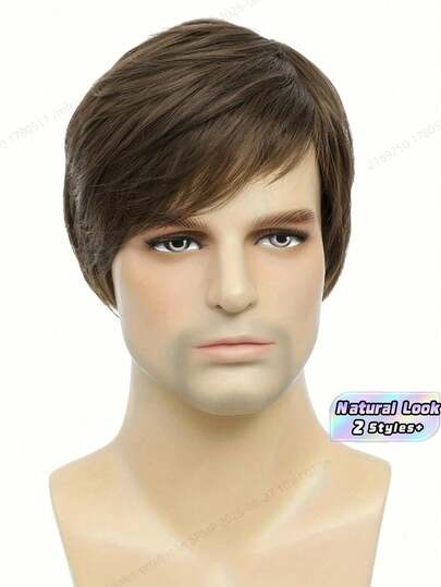 1pc6inch European & American Style Men's Fashion Short Brown Side-Parted Straight Synthetic Hair Wig