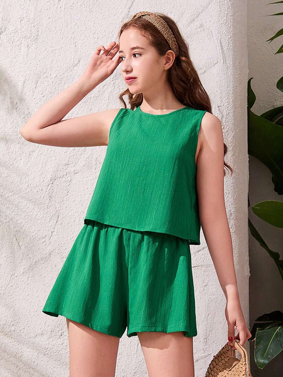 SHEIN Bộ đồ hai mảnh không tay bằng vải dệt thường ngày của cô gái tuổi teen, mùa xuân/hè - màu xanh lá - Xem 1