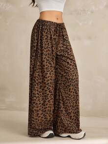SHEIN Tall Pantalones sueltos con estampado de leopardo y cordón en la cintura para mujer - Marrón - Ver 3