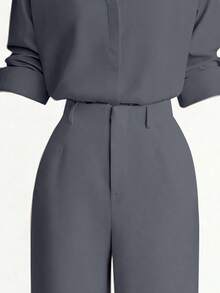 Zovinel New Button-Up Solid Color Shirt And Straight Leg Casual Pants Set - Grey - View 3