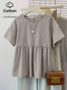 SHEIN EZwear 女士时尚圆领条纹梭织衬衫，日常百搭 - 咖啡棕 - 查看 10
