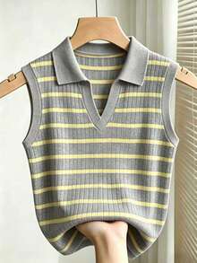 Áo vest dệt kim cổ bẻ kẻ sọc thanh lịch, kiểu dáng thường ngày dành cho nữ - Nhiều màu - Xem 1