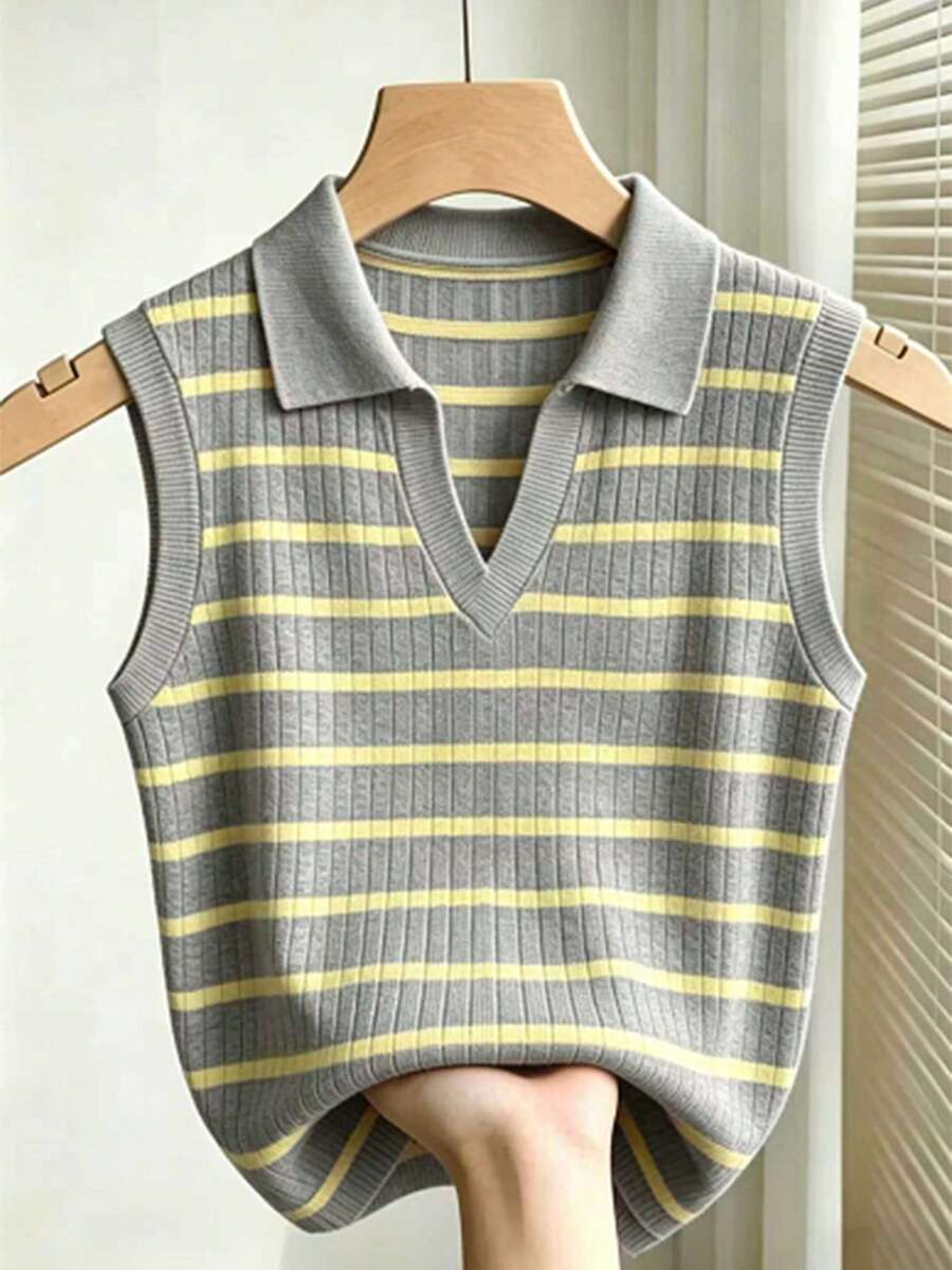 Áo vest dệt kim cổ bẻ kẻ sọc thanh lịch, kiểu dáng thường ngày dành cho nữ - Nhiều màu - Xem 1