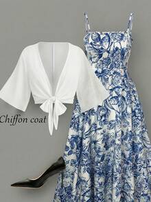 Rometta Plus Size Women's Elegant White Summer Chiffon Jacket & Floral Print Camisole Dress 2-Piece Set,Perfect For Bachelorette Party,Tea Party,Graduation - Baby Blue - View 9