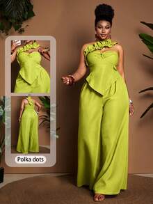 Maweii Mono de pierna ancha con volantes y escote bandeau en color negro, talla grande y estilo retro sexy - Verde - Ver 1