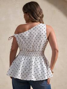 Elegantrix Blusa evasé con hombros asimétricos, lazo en la cintura y lunares, elegante estilo francés para mujer de talla grande, para primavera/verano - Multicolor - Ver 2