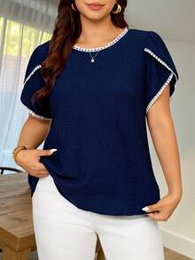 Vionelle Camiseta feminina plus size de verão elegante com gola redonda, blusa casual de malha folgada, ideal para o trabalho, com mangas bufantes estilo borboleta e design romântico. - Azul - Ver 3