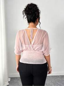 Elenzga Plus Size Women's Fashion Sheer Shirred Blouse - Pink - View 2