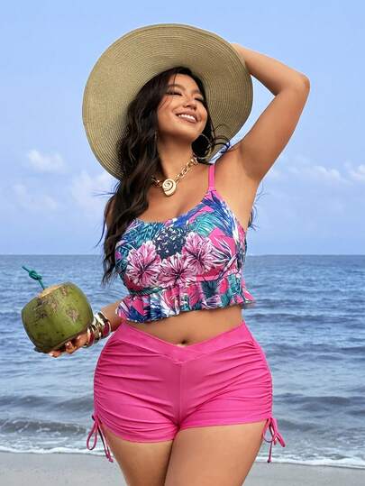 Swim Vcay 2026 Nuevo Elegante y Sexy Bikini Top de Talla Grande con Espalda Descubierta, Traje de Baño con Estampado Tropical, Volantes, Cordón y Pliegues Laterales para Vacaciones de Verano en la Playa