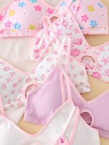 5pcs/Set Teen GirlMinimalist Floral, Cherry, Bow Print Sweet Bras With Removable Pads - Multicolor - View 4