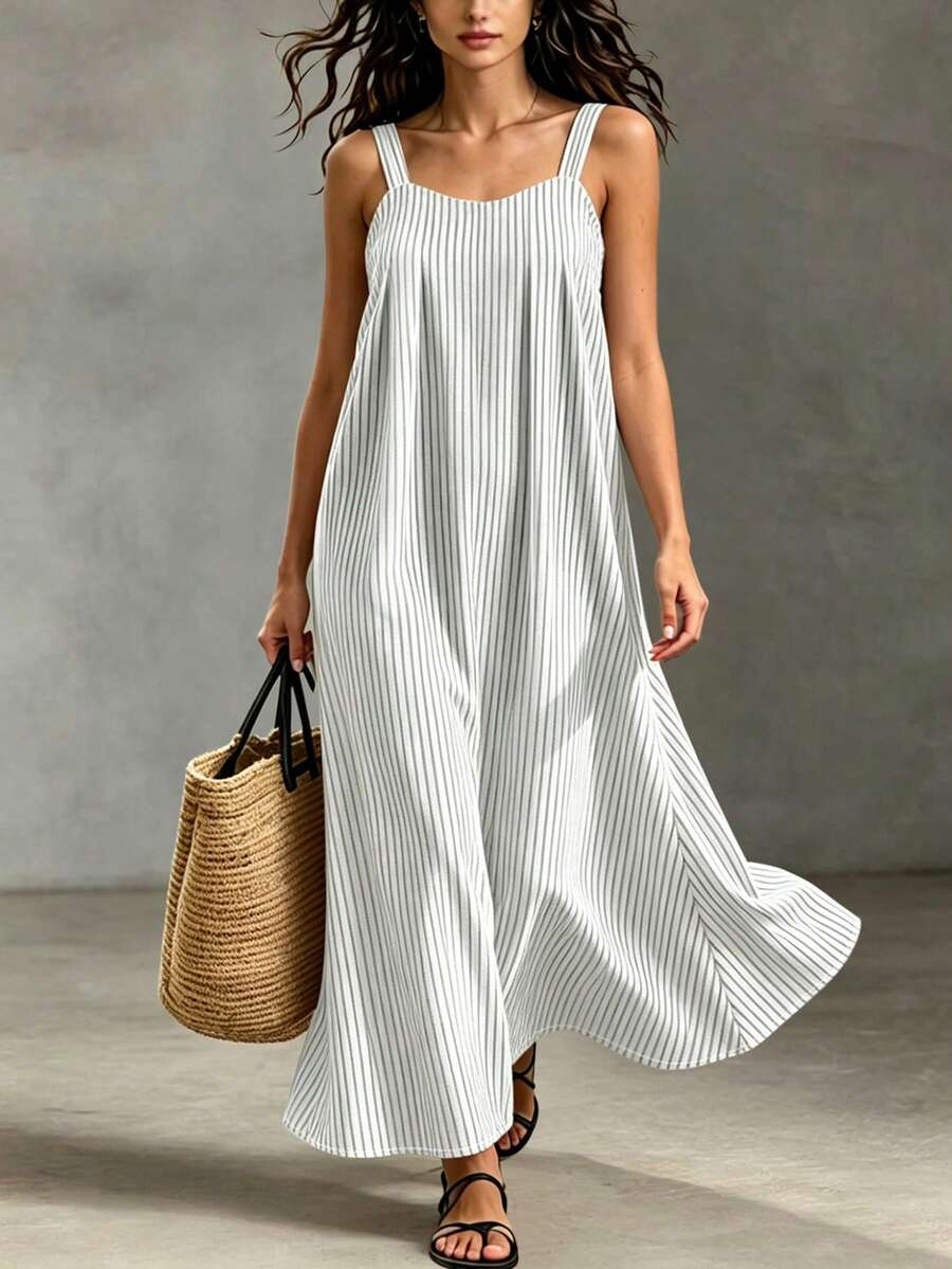 SHEIN Holidaya Đầm đi biển dáng rộng, hở lưng, cổ chữ V, lãng mạn, thoải mái, thích hợp cho du lịch, dự tiệc và kỳ nghỉ. - Màu Xám nhạt - Xem 1