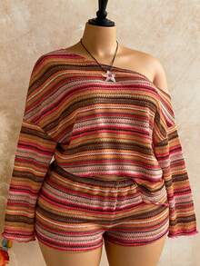 SHEIN CURVE+ Holiday 2pcs Women Striped Asymmetrical Shoulder Long Sleeve Top And Shorts Set - Multicolor - View 6