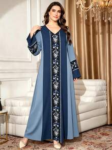 SHEIN Najma 大码女式几何仿钻印花撞色蓝色连衣裙，女士时尚V领长袖长款连衣裙，优雅阿拉伯风格服装，春夏礼服 - 彩色 - 查看 3