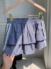 Comfortcana Women's Plaid Cake Skirt With Waist Drawstring - Navy Blue - View 6