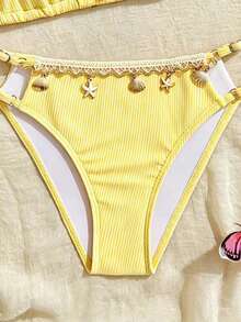 SHEIN Bộ bikini buộc cổ yếm họa tiết vỏ sò dành cho bé gái tuổi teen, tinh tế và thanh lịch, mang đến cảm giác nghỉ dưỡng. - Màu vàng - Xem 4