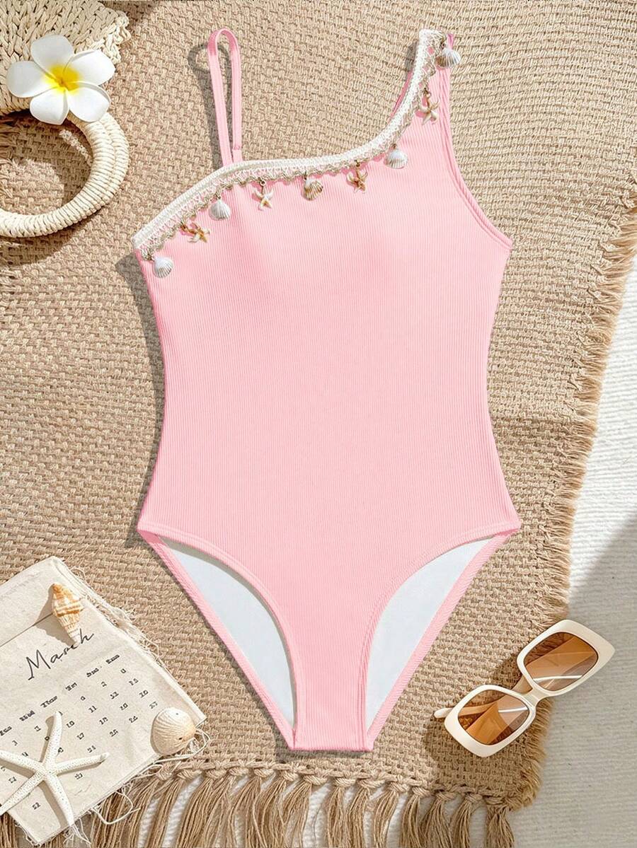 SHEIN Áo tắm liền thân cổ bất đối xứng trang trí mặt dây chuyền dành cho bé gái tuổi teen - Màu Hồng baby - Xem 1