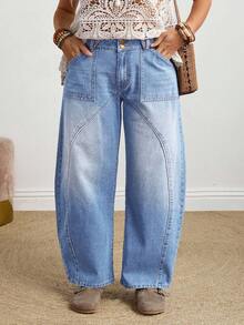 SHEIN CURVE+ Plus Size Casual Washed Bootcut Jeans - Blue - View 2